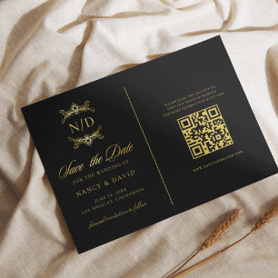 Save The Date Mariage Monogramme QR Code Noir Et Or