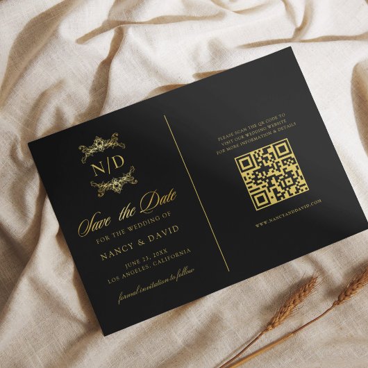 Save The Date Mariage Monogramme QR Code Noir Et Or