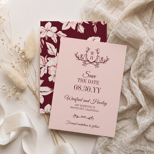 Save The Date Mariage Monogramme Vert Foncé Blush