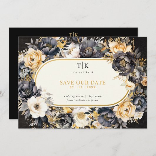 Save The Date Mariage Moody Noir et Blanc Or (Devant / Derrière)