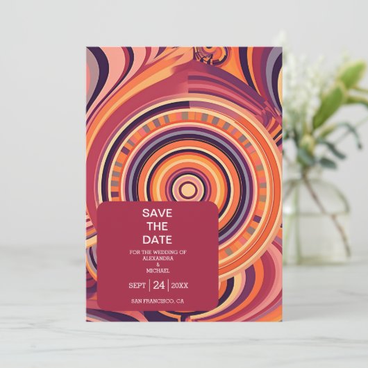 Save The Date Mariage motif Super rétro les années 70 (Debout devant)