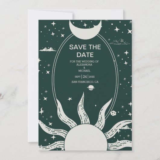 Save The Date Mariage mystique d'argent et de soleil vert (Devant)