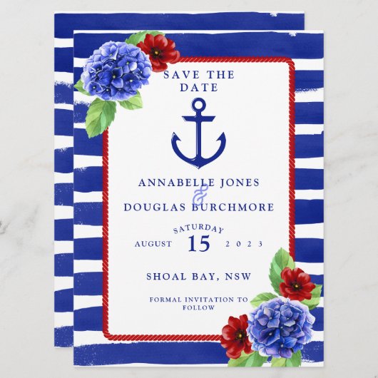 Save The Date Mariage Nautique Bleu Rouge Hydrangée Enregistrer  (Devant / Derrière)
