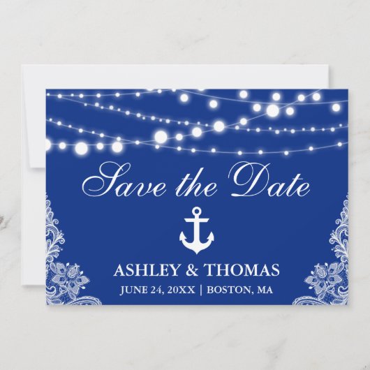 Save The Date Mariage nautique Lumières & dentelle Enregistrer l (Devant)