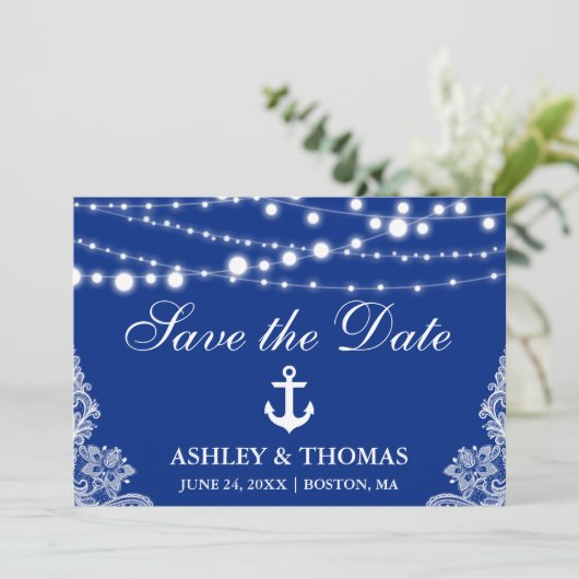 Save The Date Mariage nautique Lumières & dentelle Enregistrer l (Debout devant)