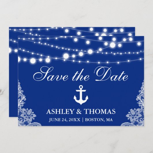 Save The Date Mariage nautique Lumières & dentelle Enregistrer l (Devant / Derrière)