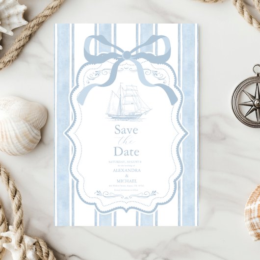 Save The Date Mariage nautique Marine White Stripes Bateau
