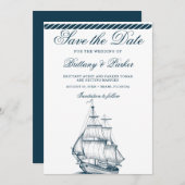 Save The Date Mariage nautique moderne blanc et bleu (Devant / Derrière)