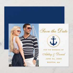 Save The Date Mariage Nautique Or Bleu Enregistrer la photo Date