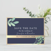 Save The Date Mariage Navy Or et Verdure (Debout devant)
