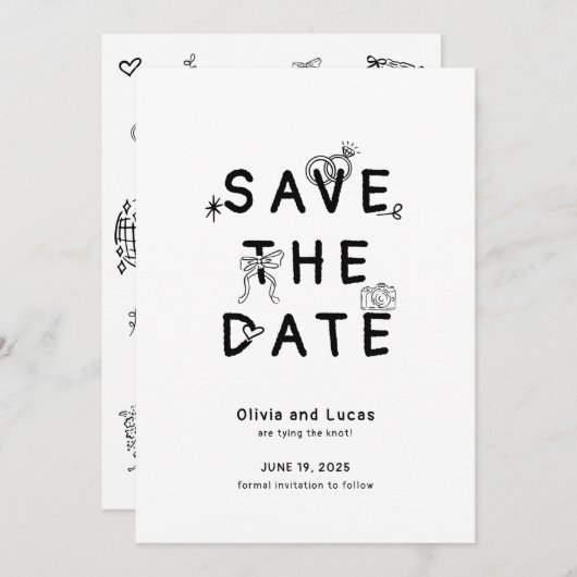 Save The Date Mariage noir et blanc à main chic (Devant / Derrière)