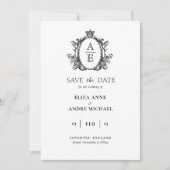 Save The Date Mariage noir et blanc à motif de monogramme classi (Devant)