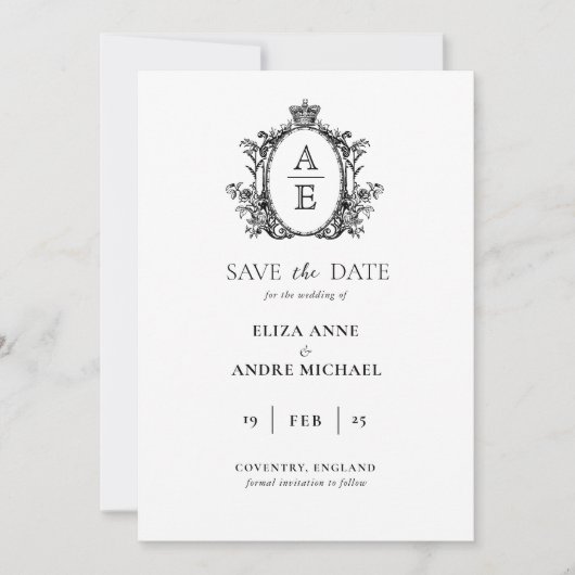 Save The Date Mariage noir et blanc à motif de monogramme classi (Devant)