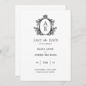 Save The Date Mariage noir et blanc à motif de monogramme classi (Devant / Derrière)