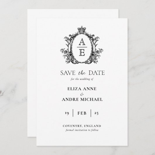 Save The Date Mariage noir et blanc à motif de monogramme classi (Devant / Derrière)