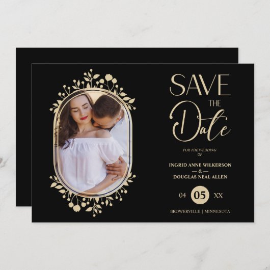 Save The Date Mariage noir Fancy Ornament Frame Flowers Photo (Devant / Derrière)