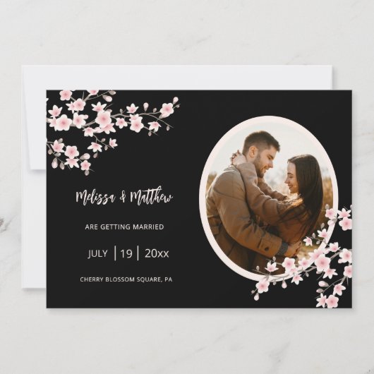 Save The Date Mariage Noir Fleur de Cerisier Rose Rougissante (Devant)