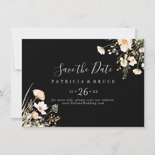 Save The Date Mariage noir horizontal Fleur sauvage blanc classi (Devant)