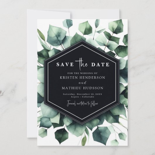 Save The Date Mariage numérique chic et moderne à l'eucalyptus (Devant)