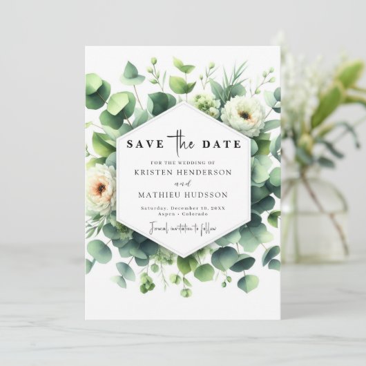 Save The Date Mariage numérique Eucalyptus feuille unique (Debout devant)