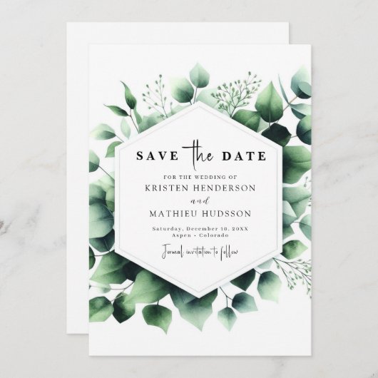 Save The Date Mariage numérique vert Floral Eucalyptus (Devant / Derrière)
