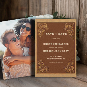Save The Date Mariage occidental en cuir travaillé rustique de c