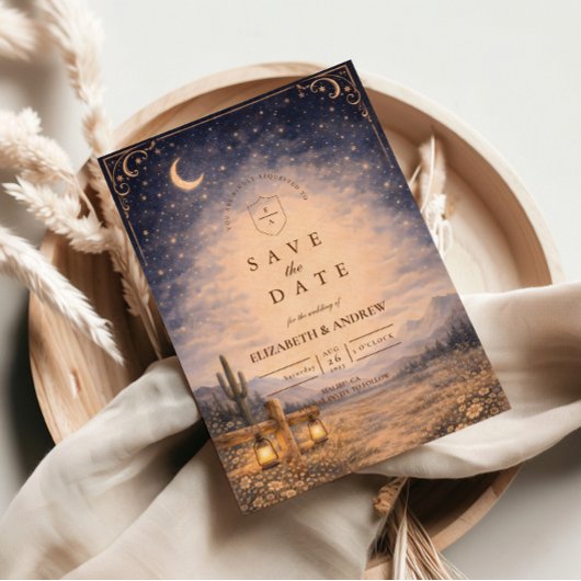 Save The Date Mariage occidental sous la lune du désert céleste