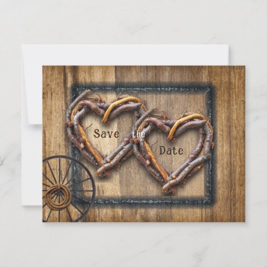 Save The Date Mariage occidental Twig Frames, Wagon Wheel, Lasso (Devant)
