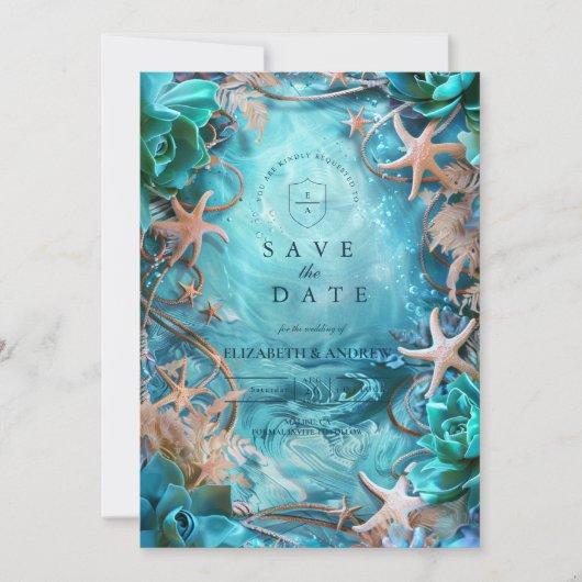 Save The Date Mariage Océan Étoile de Mer Turquoise (Devant)