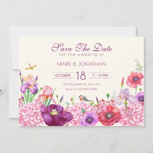 Save The Date Mariage oiseau branche florale aquarelle nature (Devant)