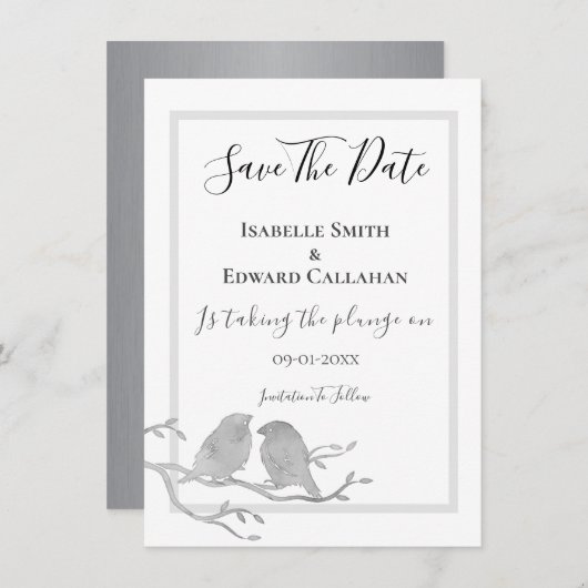 Save The Date Mariage Oiseaux Aquarelle Grise Romantique Sur Bra (Devant / Derrière)