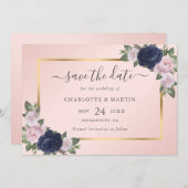 Save The Date Mariage or bleu bleu bleu rose bleu marine (Devant / Derrière)
