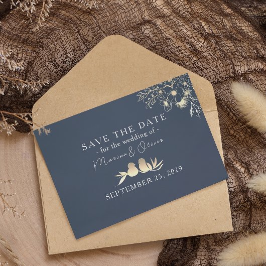 Save The Date Mariage Or et Bleu Marine