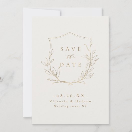 Save The Date Mariage or simple élégance botanique crête d'or éc (Devant)
