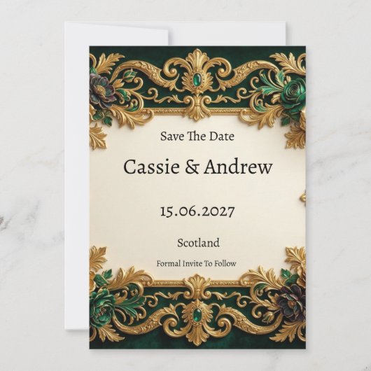Save The Date Mariage Orné Vert Or (Devant)