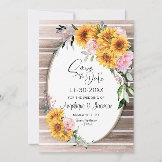 Save The Date Mariage ovale rose tournesol (Devant)