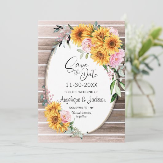 Save The Date Mariage ovale rose tournesol (Debout devant)