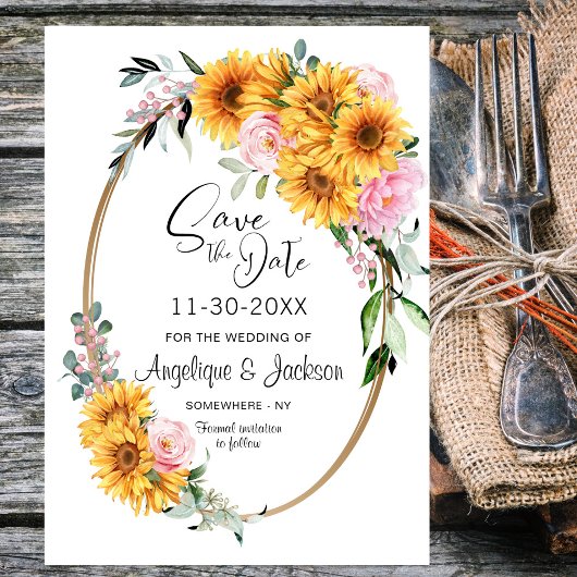 Save The Date Mariage ovale rose tournesol