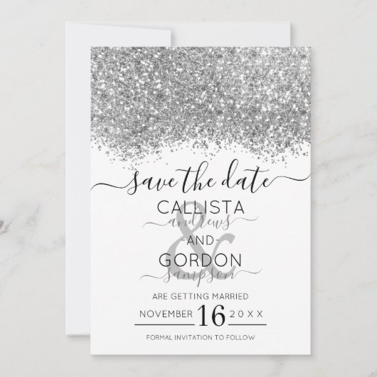 Save The Date Mariage Paillettes Luxe Argent Blanc Confettis (Devant)