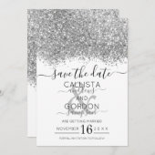 Save The Date Mariage Paillettes Luxe Argent Blanc Confettis (Devant / Derrière)
