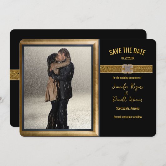 Save The Date Mariage paillettes noir et or élégant  (Devant / Derrière)