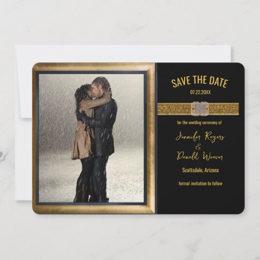 Save The Date Mariage paillettes noir et or élégant  (Devant)