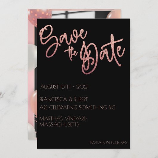 Save The Date Mariage Paillettes Noir et Or Rose Art Déco (Devant / Derrière)