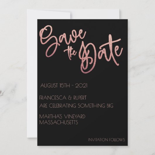 Save The Date Mariage Paillettes Or Rose et Noir Art Déco  (Devant)