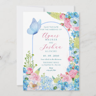 Save The Date Mariage papillon bleu fleur rose