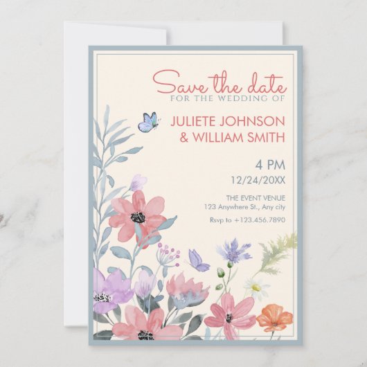 Save The Date Mariage papillon de fleurs pastel à l'aquarelle (Devant)