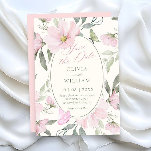 Save The Date Mariage papillon floral doux rose