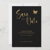 Save The Date Mariage Papillon Pailleté avec Écriture Noir & Or (Devant)