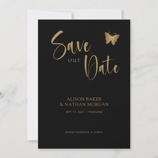 Save The Date Mariage Papillon Pailleté avec Écriture Noir & Or (Devant)