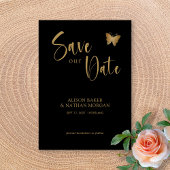 Save The Date Mariage Papillon Pailleté avec Écriture Noir & Or